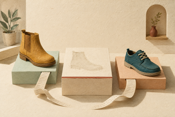An ochre boot and a teal shoe stand on either side of an empty shop plinth. Paper receipts curl from both occupied displays toward the space where a boot has left a dusty outline.