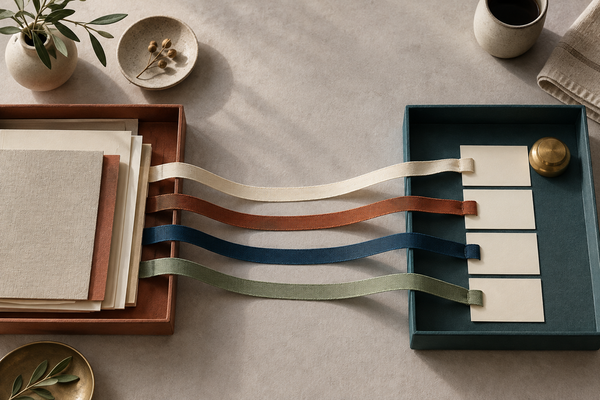 Four cloth ribbons connect papers in a terracotta tray to separate blank cards in a teal tray, each connection laid out visibly.