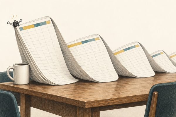 A small black binder clip strains to hold a vast, curling stack of ruled reporting paper.