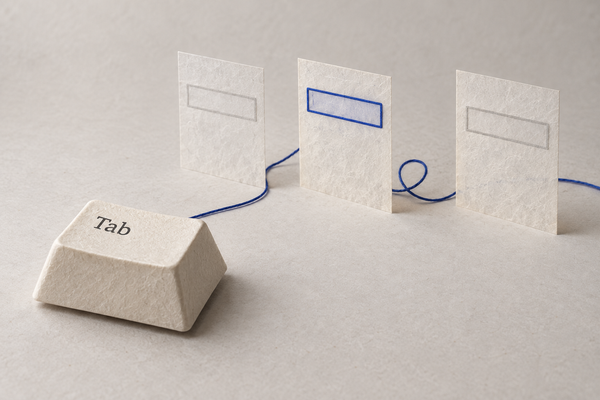 A paper Tab key leads by a blue thread through three translucent form panels; the middle field has a blue focus outline.