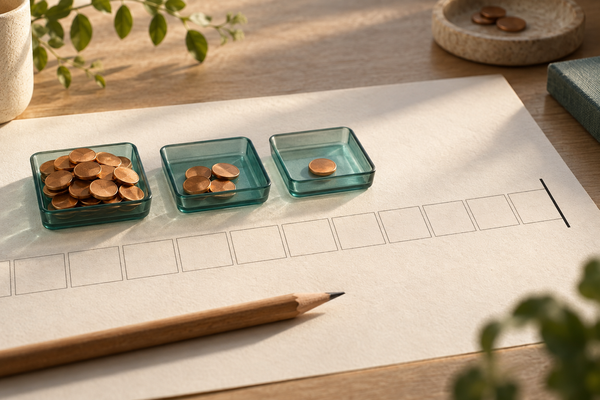 Three teal trays hold unequal piles of copper counters above empty calendar squares that end at a dark line.