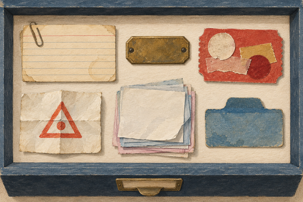 An imagined museum drawer preserves six office relics: an index card, brass plate, sale ticket, warning note, paper stack and blue file tab.