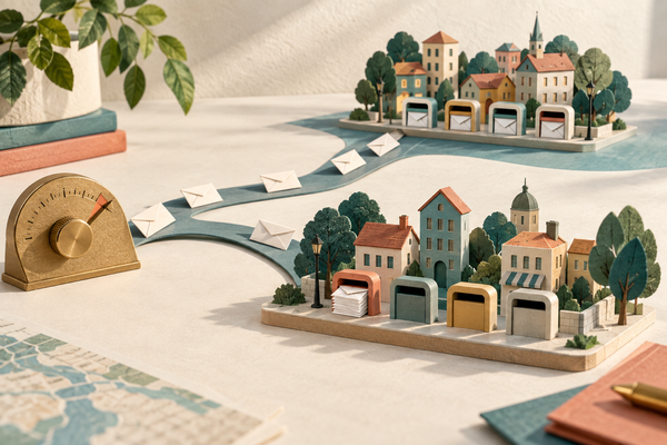 Paper models of two cities receive inquiry envelopes from one spending dial; envelopes pile up at one recipient while nearby mail slots remain empty.