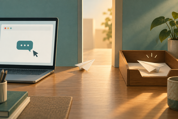 A chat button on a laptop sits across a gap from an inbox tray. One paper plane stops at the gap; another rests in the tray, separating a website handoff from a received message.