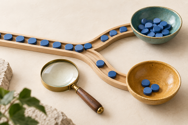 Blue discs follow a wooden track that divides into two ceramic bowls, with a magnifying glass beside the fork.