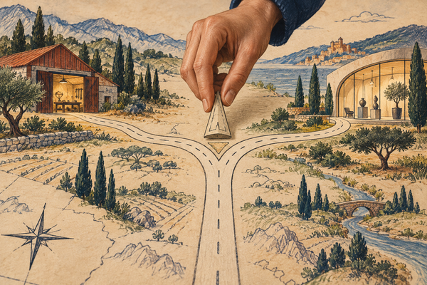 An illustrated hand holds a removable divider above a road that branches toward a workshop and a showroom.