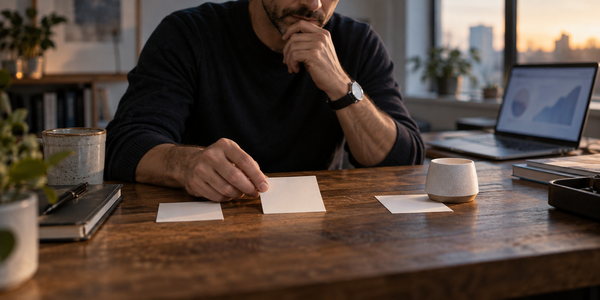 A person considers three blank inquiry cards at a desk while an out-of-focus laptop displays performance shapes behind them.