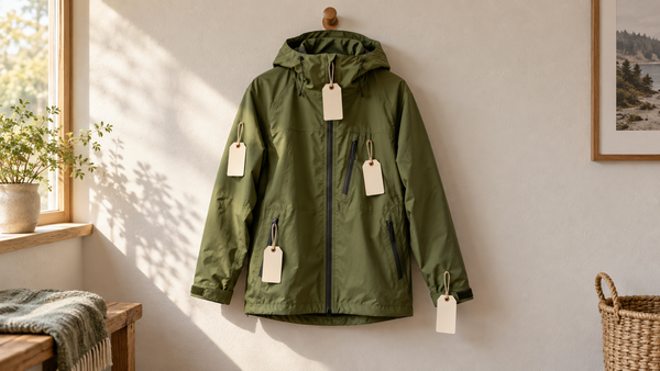 A moss-green rain jacket hangs from a wooden peg with five blank paper price tags attached to it.