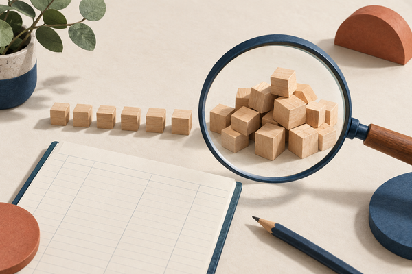 A magnifying glass examines a pile of wooden counting blocks beside a smaller orderly row and a blank ledger.