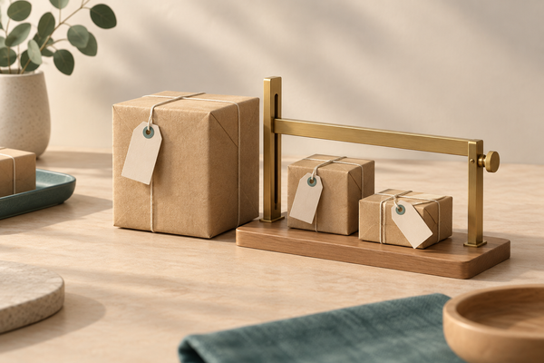 Two small parcels fit beneath an adjustable brass bar, while a larger parcel stands above its height beside it.