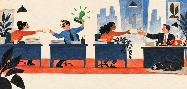 Four office workers pass small enquiry cards across separate desks. One celebrates with a green stamp before the final worker has received the card.