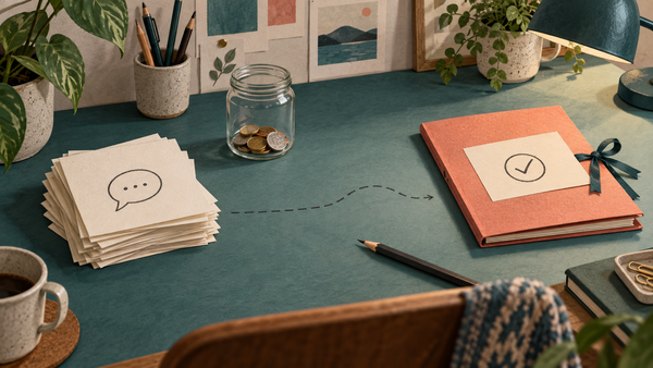 A finite jar of coins sits between a stack of enquiry cards and one signed project folder; a dashed pencil path separates a lead from a client.
