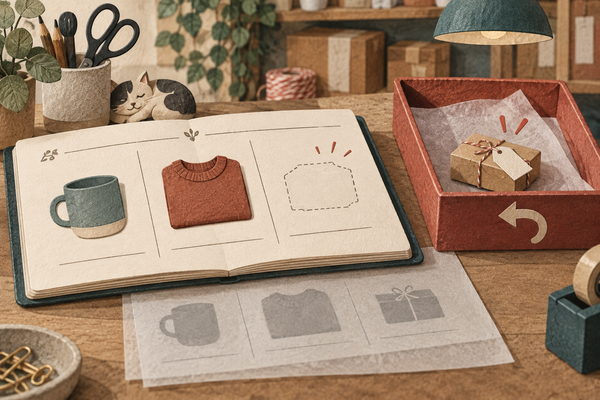 A paper order ledger shows a mug and sweater still purchased while a wrapped item sits in a return tray; a translucent older copy shows all three items.