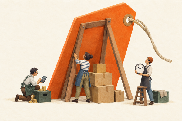 Three small shop workers with a calculator, shipping boxes and a clock support an oversized orange price tag from behind.
