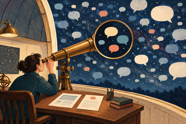 An operator uses a telescope to view a few speech bubbles within a much larger conversational sky, with a page and a contextual note on the desk.