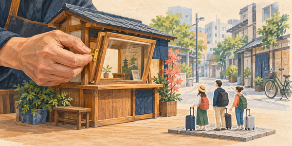 A large hand checks a hinge on a small wooden tour-booking kiosk while three travellers stand nearby on a Japanese city street.