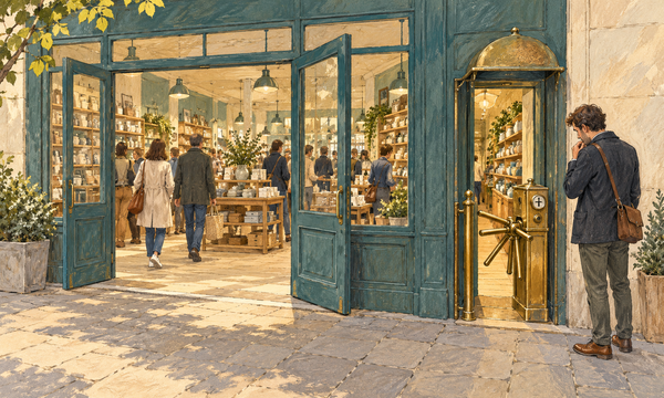 A shopper considers a narrow coin-operated side entrance beside a shop’s wide open main entrance, where other visitors are already entering.