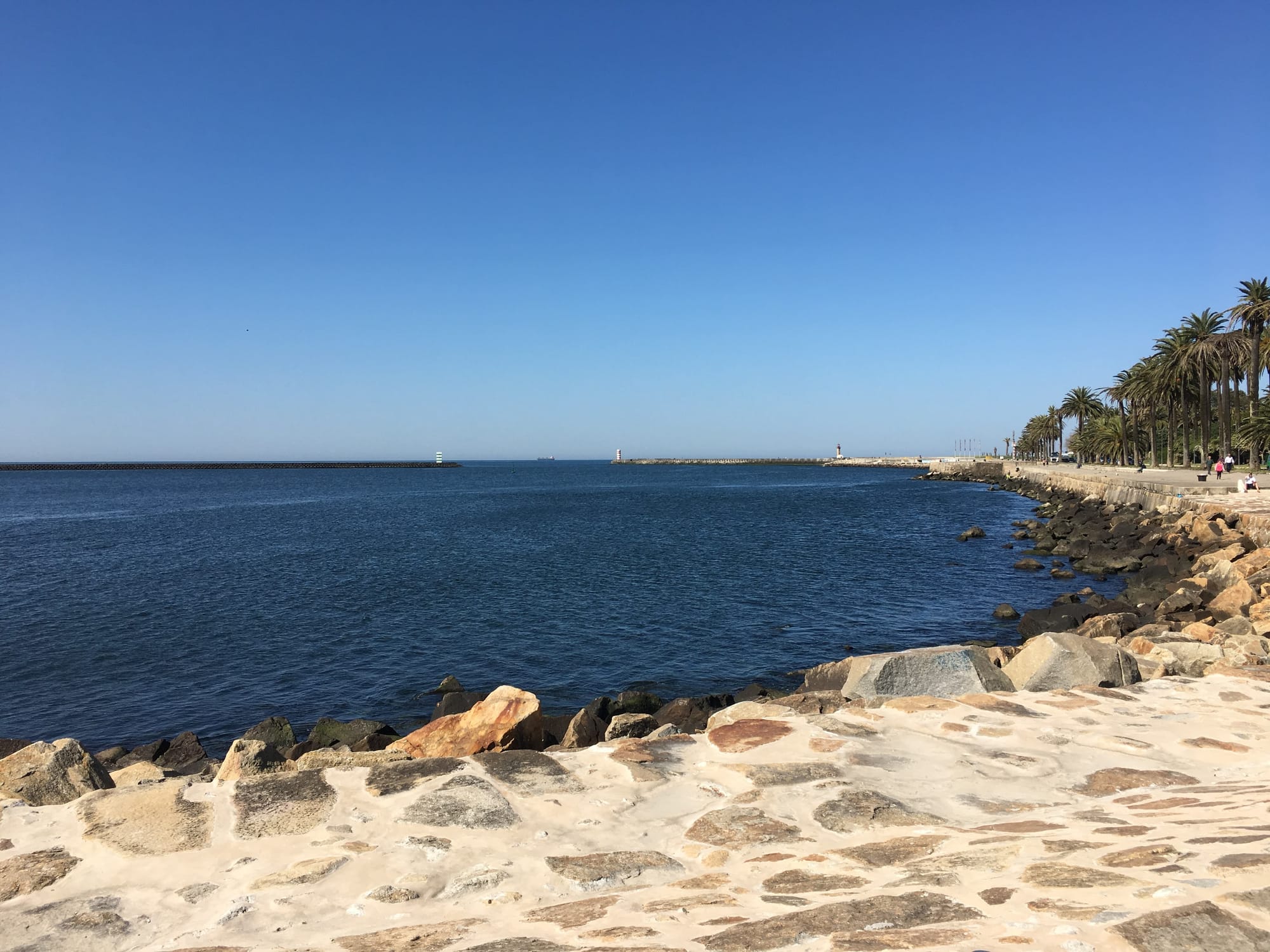 Looking along the river as it meets the ocean. The shore is lined by large rocks and a walkway lined by palm trees.