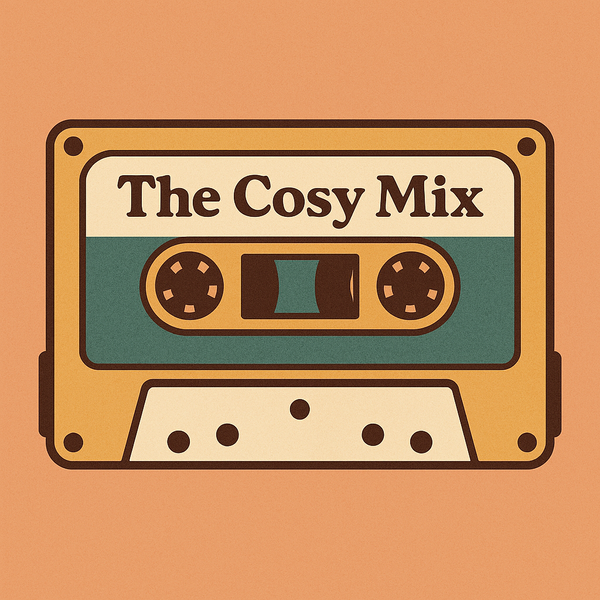 An illustration of a cassette tape with The Cosy Mix on the title. The colours of the mixed tape are orange, teal and offwhite set against a light orangish background.