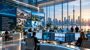 Modern Financial Newsroom Displaying Canadian Stock Markets, Financial Charts, And Capital Market Intelligence.
