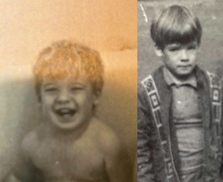 Two vintage, grainy, and blurred photos of a young boy. The younger boy has a big smile. The older boy looks unhappy.