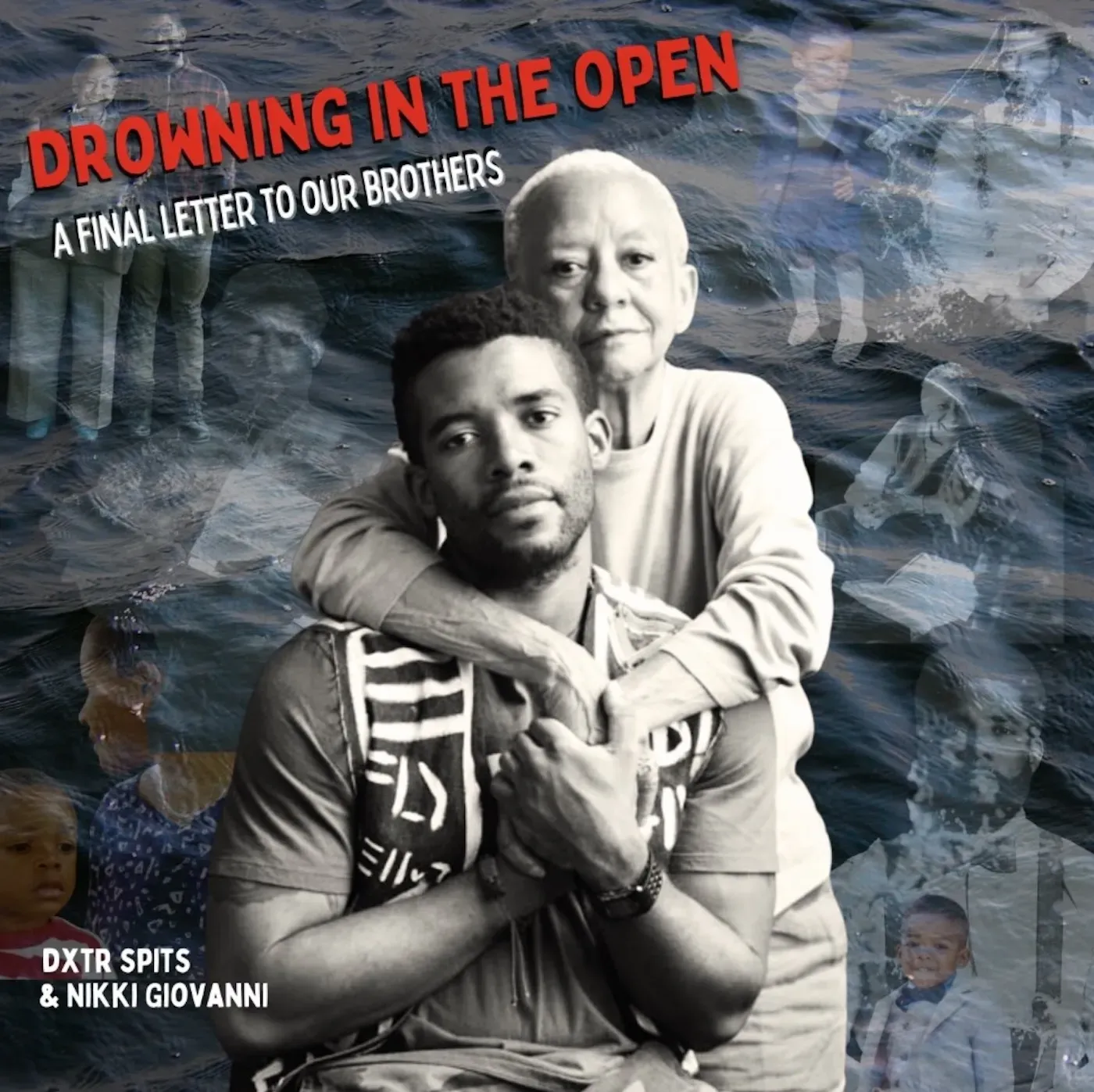 Album cover image of the album, "Drowning in the Open." A young black man with close cropped hair and beard stubble is looking lovingly at the viewer, Standing behind him is is the late poet, Nikki Giovanni, with her arms draped over his shoulders. Their hands are clasped together, and she is also looking directly at the viewer. The mood is warm and inviting.