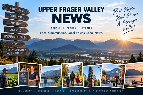 Upper Fraser Valley landscape featuring mountains, river, farmland and local communities, representing the people, places and stories covered by Upper Fraser Valley News.
