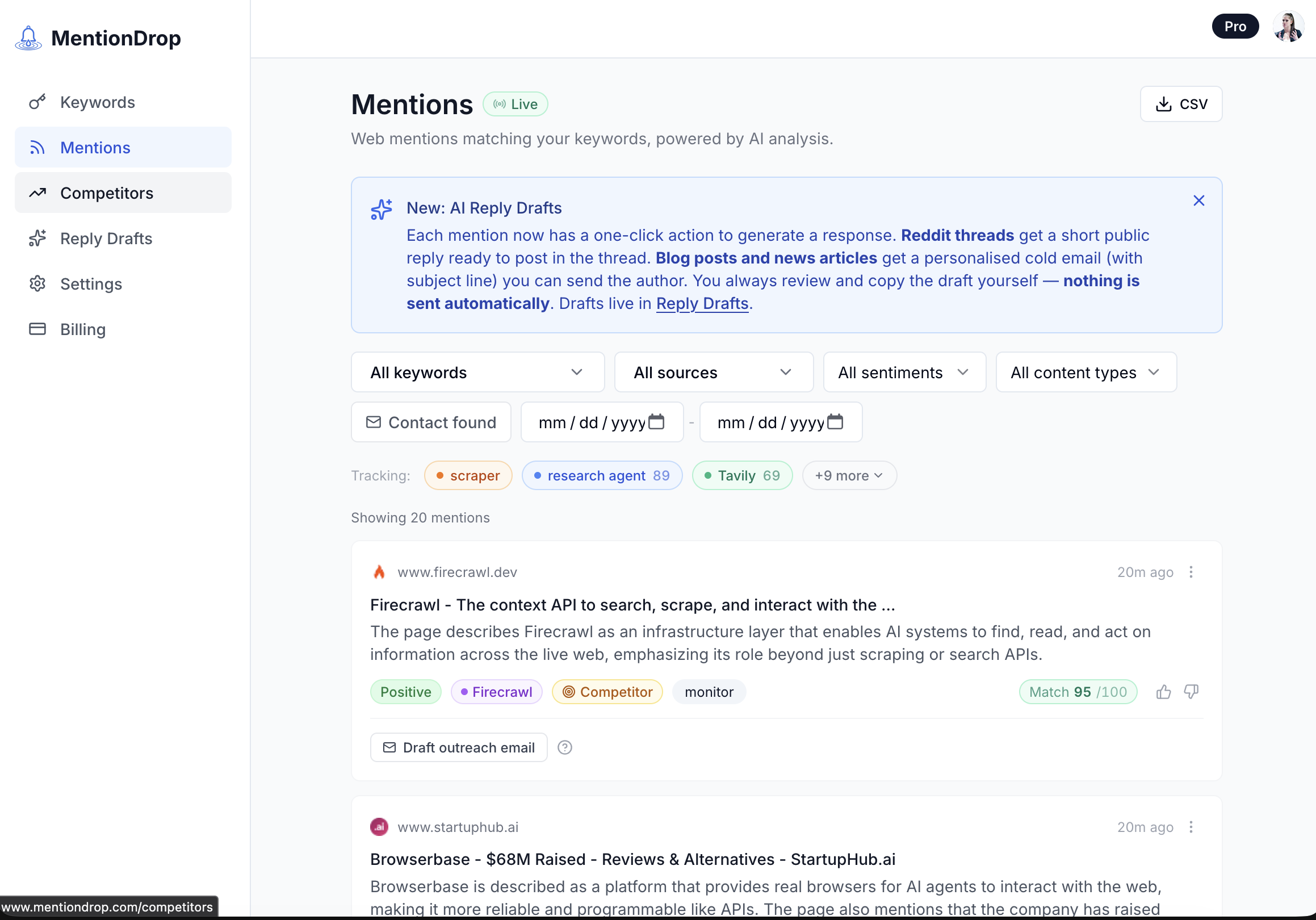 MentionDrop Product Dashboard